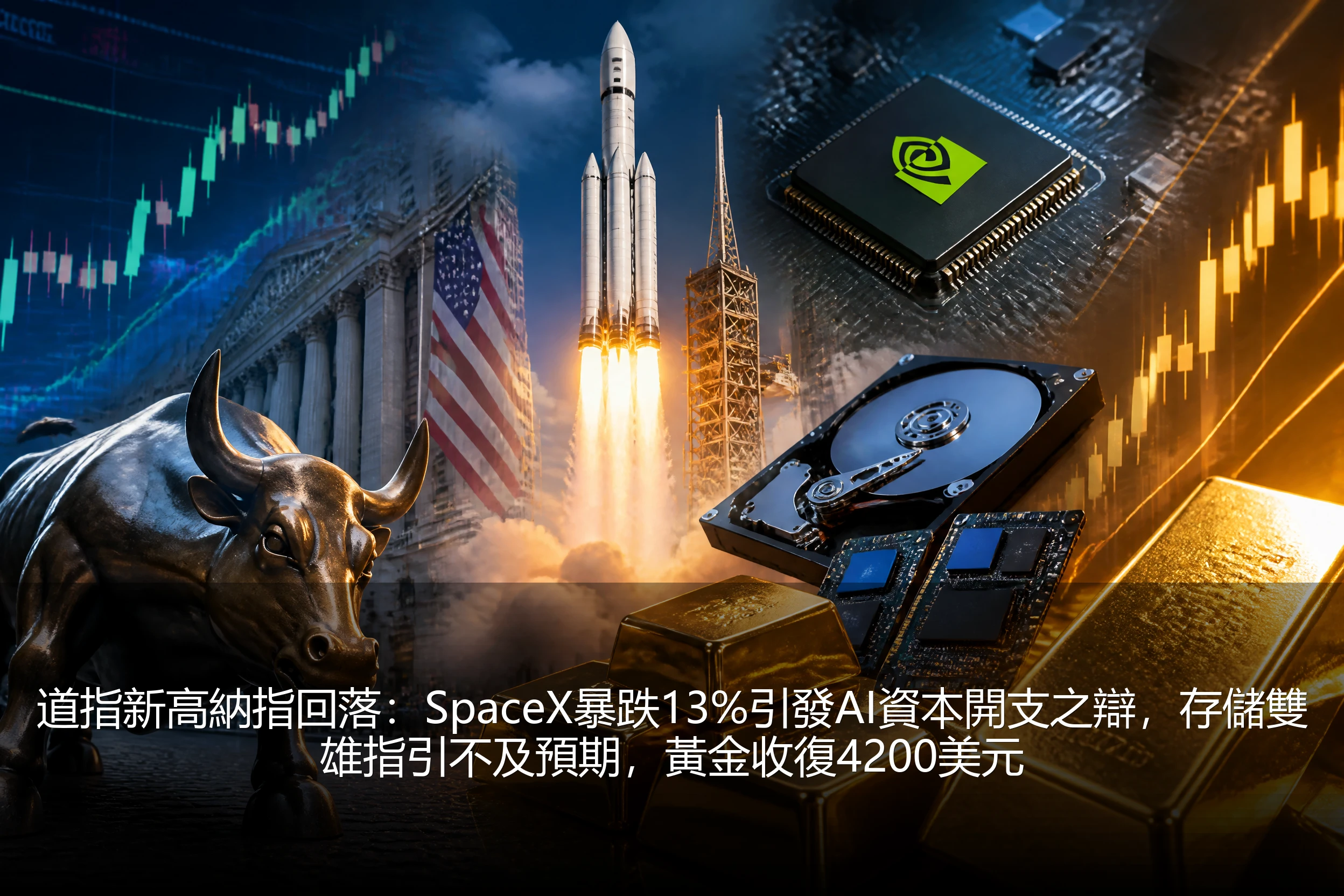 道指新高納指回落：SpaceX暴跌13%引發AI資本開支之辯，存儲雙雄指引不及預期，黃金收復4200美元